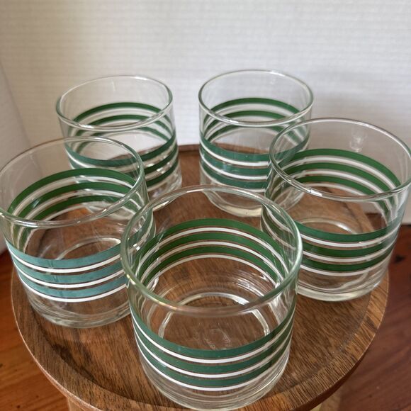 Vintage Green And White Small 8 Ounce Striped Juice Glasses Set of 5 - Picture 2 of 11
